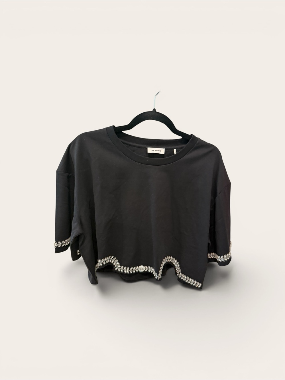 Sandro Black Slight Crop Top with Crystal Emebellishments Size 3/US 8/Large  NWT - Picture 2 of 7